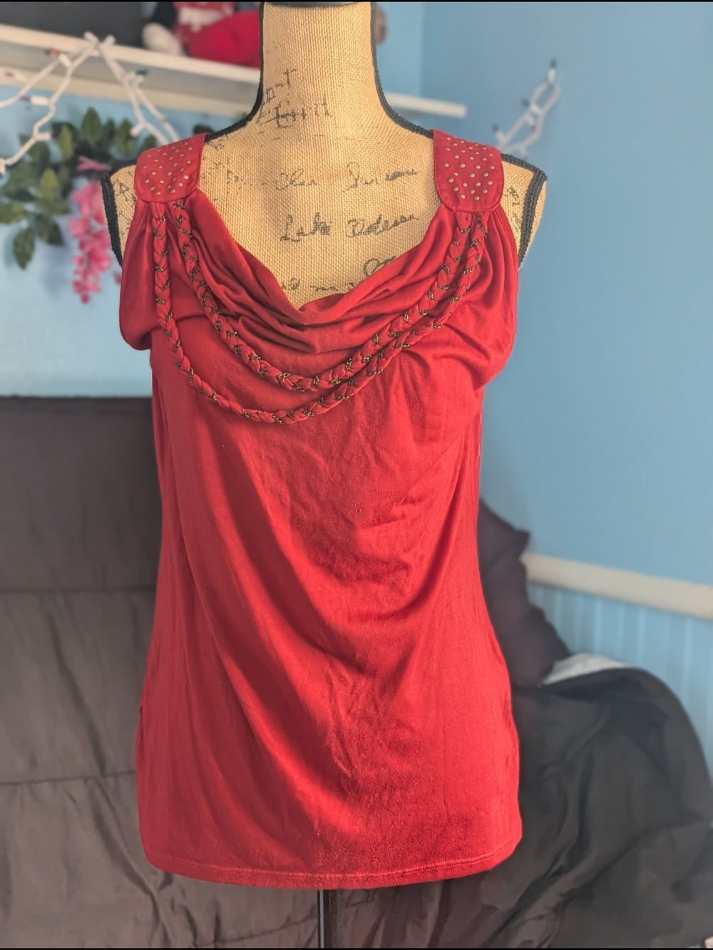 Ashley Stewart Red Draped Chain-Accent Sleeveless Top